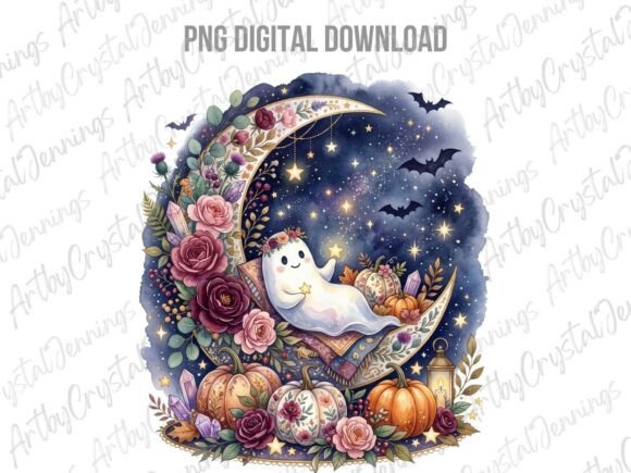 Download Boho Floral Ghost Moon Watercolor PNG - Moon Collection