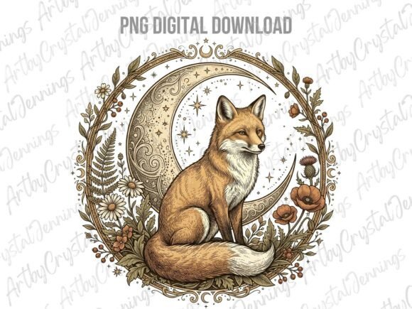 Download Vintage Floral Celestial Fox Moon PNG - Moon Collection